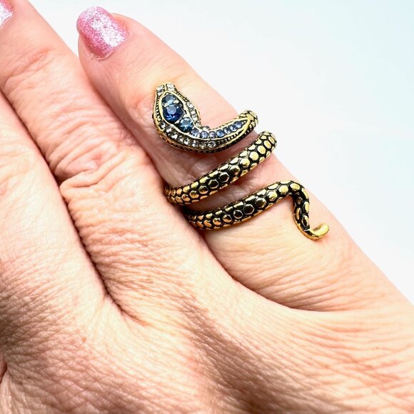 Womens Snake Ring Blue Rhinestone Antiqued Gold Tone Adjustable Vintage Style - Picture 2 of 4